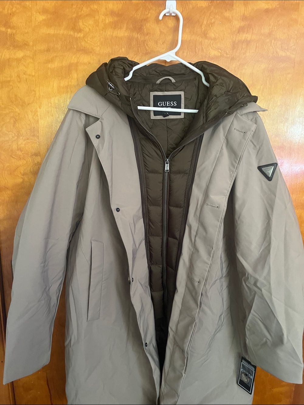 GUESS Men's Light Gray Raincoat with Olive Quilted Liner
